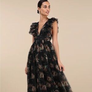 Lulu's Black and Brown Floral Mesh Maxi Dress
